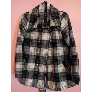 Women's plaid double-breasted buttoned black coat